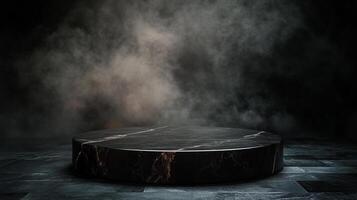 Moody marble pedestal with an ethereal smokey background. A stylish platform ready for product display. Minimalistic, elegant, and dark. photo