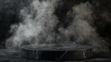 Minimalist marble podium against a smoky backdrop. Captivating stage for product presentation. Ideal for cosmetic or luxury goods display. photo