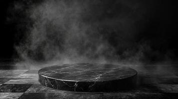 Elegant marble pedestal stands amidst smoky atmosphere, ideal for showcasing products. Dramatic lighting enhances the scene's depth. photo