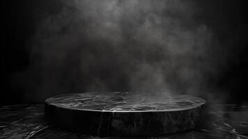 Dramatic black marble pedestal shrouded in a smoky haze, presenting an atmospheric stage for product placement or artistic display. photo