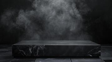 Sleek black marble platform stage presentation area on matching marble tiles with a backdrop of smoky vapor for a dramatic effect. photo
