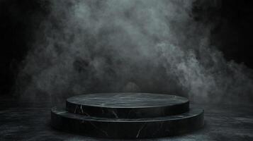 Dramatic presentation podium showcasing a marble texture and a moody, foggy backdrop creating an impactful and elegant visual display. photo