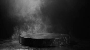 Marble pedestal in a dark setting with fog, ideal for showcasing a product or a design element in a sleek and mysterious atmosphere. photo