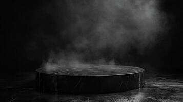 Mysterious marble platform amidst smoke, perfect for showcasing high-end products in a dramatic and captivating presentation. photo