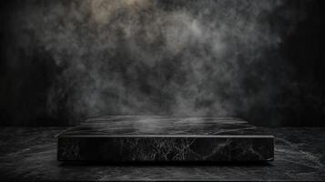 Sleek marble platform awash in mysterious smoke, ideal for highlighting products or creating a dramatic, eye-catching display. photo
