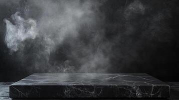 Mystical marble platform against a smoky backdrop, ideal for displaying products in a dramatic and evocative presentation. A timeless classic. photo