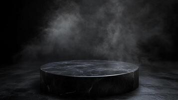 A circular marble platform stage in a dark setting, ideal for product placement or displaying a featured item in a minimalist setting. photo