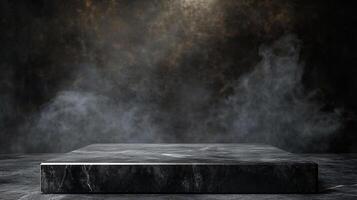 A stone platform is set against a dark, smoky background. The platform is a dark color. The smoke is illuminated from above, creating a dramatic effect. photo
