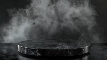 Sleek marble platform display, showcasing a round surface under ethereal fog, ideal for highlighting luxury products or minimalist art. photo