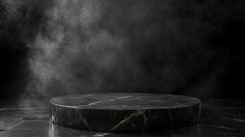 Sleek marble podium display on smoky background, perfect for showcasing products with elegance and dark aesthetic appeal. Minimalist. photo