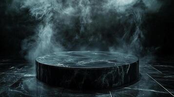 Dramatic marble platform with ethereal fog. Perfect for showcasing premium products or artistic presentations with a sense of mystery. photo