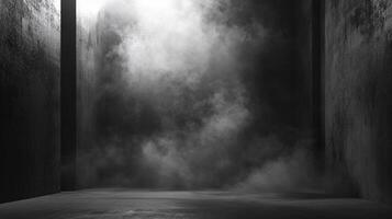 Ethereal monochrome scene with dense fog engulfing a concrete corner, highlighting textures and creating a mysterious, atmospheric space. photo
