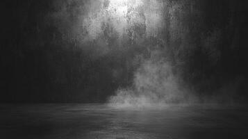 A moody, monochrome image features a textured wall meeting a smooth floor, highlighted by a burst of vaporous fog and soft, diffused light. photo