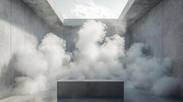 A concrete box shrouded in thick smoke under a skylight, creating a mysterious and atmospheric ambiance with surreal architectural elements. photo