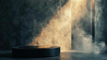 Dramatic spotlight illuminates a sleek, circular platform in a textured space, creating an aura of sophisticated mystique and modern design. photo