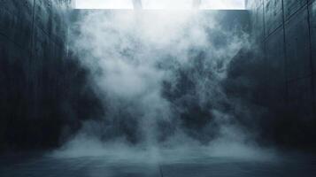 Atmospheric concrete space filled with mist and light, creating a cool and mysterious ambiance. Abstract and visually interesting. photo