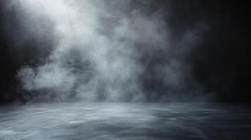 A smoky scene unfolds in a darkened room. A concrete floor reflects ambient light, adding depth and mystery to the composition. photo