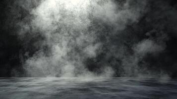 Moody scene with swirling smoke, dramatic lighting, and textured concrete floor, creating a sense of mystery and ethereal atmosphere. photo