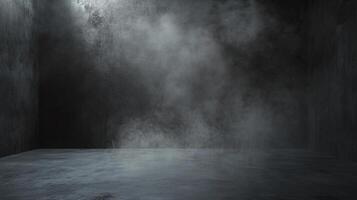 A stark, concrete room shrouded in mist, illuminated by a single light source, creating a mysterious and atmospheric scene. photo