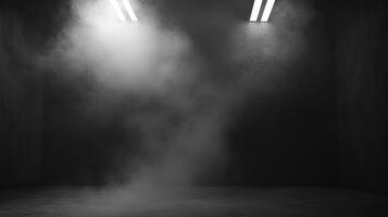 Eerie monochrome indoor scene of fog filling a dark room. Two bright lights illuminate the fog, creating a mysterious and atmospheric space. photo
