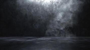 Dark, moody stage backdrop with smoke and dramatic lighting. Texture and atmosphere create a unique abstract scene, perfect for highlighting a product. photo