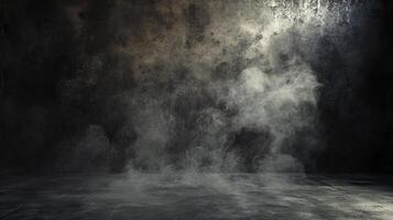 Atmospheric studio shot, featuring a textured wall and floor, partially obscured by a light haze or dust, creating a moody and abstract scene. photo