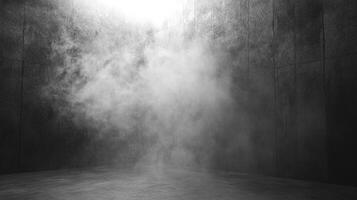 Abstract monochrome interior scene filled with swirling mist, illuminated from above. A mysterious and atmospheric backdrop. photo
