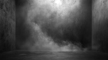 Mysterious indoor space with concrete walls and a hazy atmosphere, creating a dramatic and enigmatic scene filled with shadows and light. photo