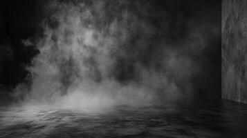 Eerie atmosphere with smoke. Dark room with light smoke rising off floor, creating a mysterious scene. photo