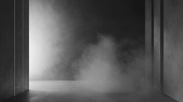 Mysterious monochrome shot featuring fog or smoke filling a stark, industrial-style interior, creating a sense of depth and intrigue. photo