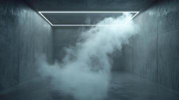Concrete room illuminated by a square light fixture, filled with a thick cloud of vapor. A surreal, atmospheric space evoking mystery. photo