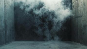 A haunting scene of smoke and concrete, blending textures and shadows to create an eerie, atmospheric environment in confined space. photo