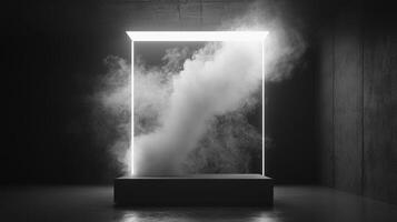 A luminous square portal frames billowing smoke, creating a captivating display in a dark, minimalist setting. Mysterious and artistic. photo