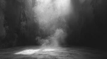 An ethereal scene unfolds in a dark, cavernous space, where light pierces through swirling mist, creating a serene yet dramatic atmosphere. photo