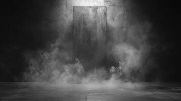 Dramatic, monochrome scene featuring a concrete monolith emerging from a smoky atmosphere, creating an intense and mysterious environment. photo