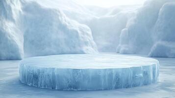 Icy stage for display. The frozen platform suggests a pristine and stark showcase, perfect for highlighting a product or idea. photo