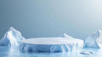 A frigid product display featuring a circular iceberg platform surrounded by smaller ice formations, creating a stark, minimalist aesthetic. photo