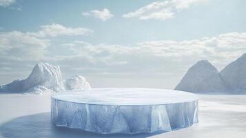 Icy platform under a partly cloudy sky with snow capped mountains in the background, ideal setting for showcasing product in winter promotion. photo