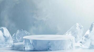 Icy platform surrounded by ice shards, ideal for showcasing products in a winter or cool-themed setting. Background with frosty ambiance. photo