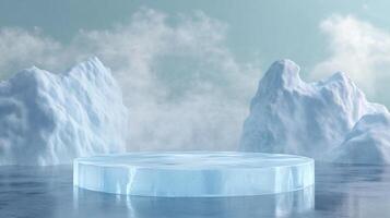 Icy platform surrounded by snowy mountains under a cloudy sky, evoking coldness and serenity, perfect for showcasing winter-themed items. photo