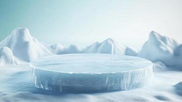 Icy stage for display. Circular ice platform in a snowy landscape. Wintery backdrop for showcasing products, minimalist and cool aesthetic. photo