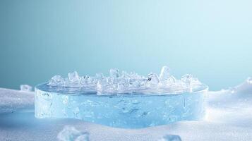 Icy pedestal with ice cubes on reflective surface against a light blue background, evoking a sense of coolness and purity. photo