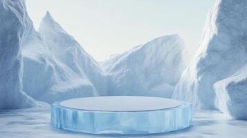 Icy platform in a snowy, arctic landscape, perfect for showcasing products in a wintery or cold environment. Frozen stage backdrop. photo