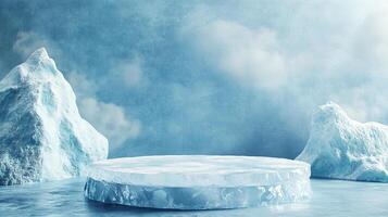 Icy platform with iceberg backdrop. Perfect for showcasing cool products. Minimalist design, cold palette. photo