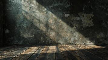 An old and weathered wall with sunlight shining on dark wooden floorboards, creating a dramatic, textured background. photo
