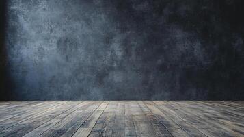 Empty room featuring a distressed dark blue textured wall and aged wooden flooring, creating a rustic and moody backdrop for potential use. photo