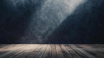 Wooden floor meeting a dark, mottled wall, highlighted by a soft, diffused light creating a sense of depth and subtle contrast. photo