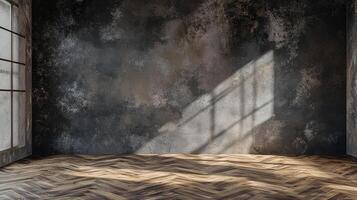 An empty room with light streaming through the window, casting shadows across the textured wall and herringbone wood floor. photo