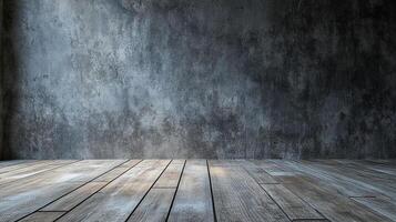 Moody room featuring a textured wall and a wooden floor, creating a rustic and dramatic atmosphere with its lighting and contrasting textures. photo