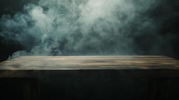Wooden table in a smoky environment, perfect for product display or spooky Halloween setting with a dark, atmospheric background. photo
